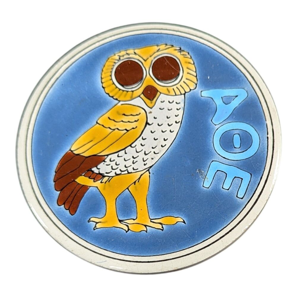 Ceramik Tile Coaster The Owl of Athena ΑΘΕ Hand Made by Smaltotechniki Greece